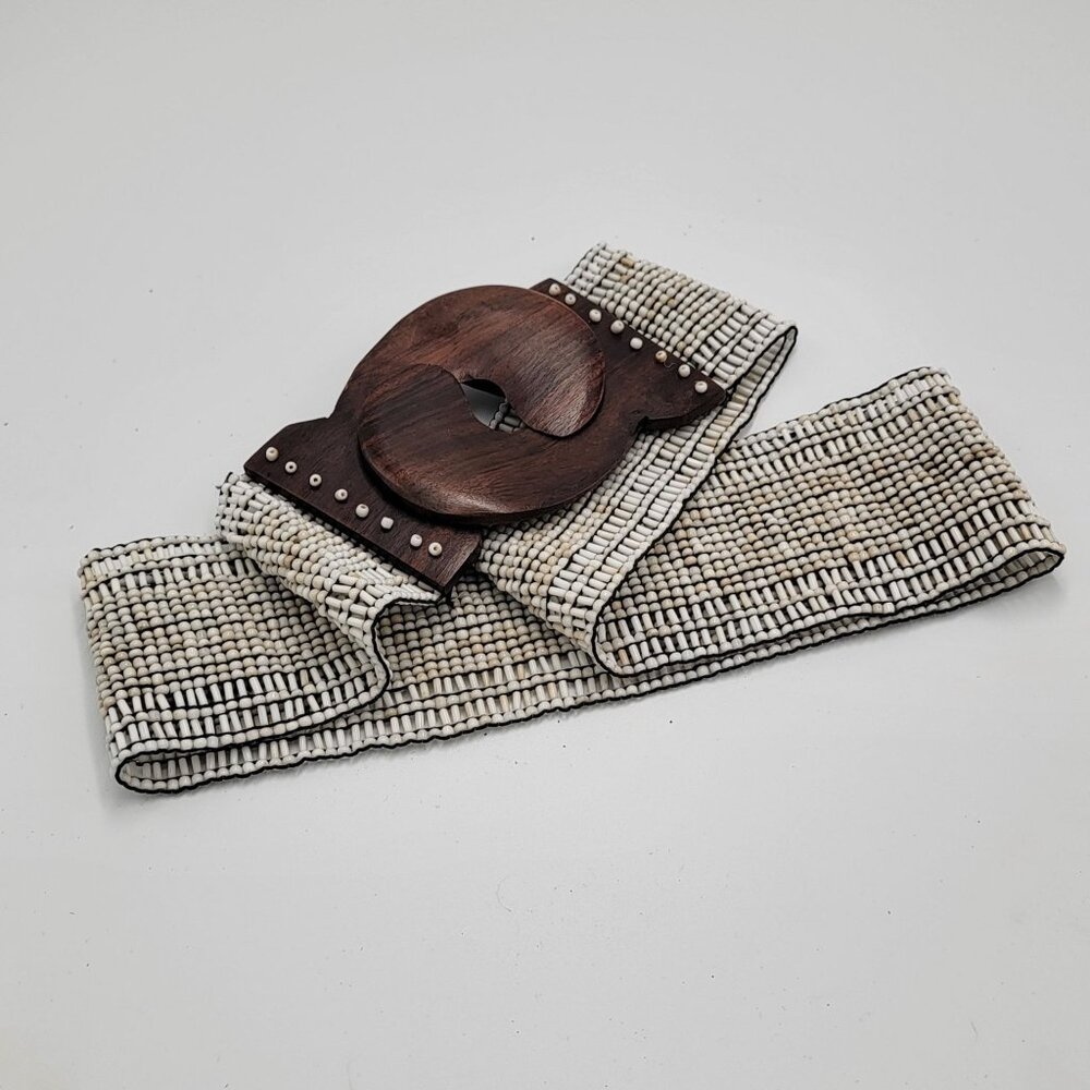 Vtg  Wooden Clasp Boho Southwestern  Beaded Teak Wood Accents Stretchy Belt